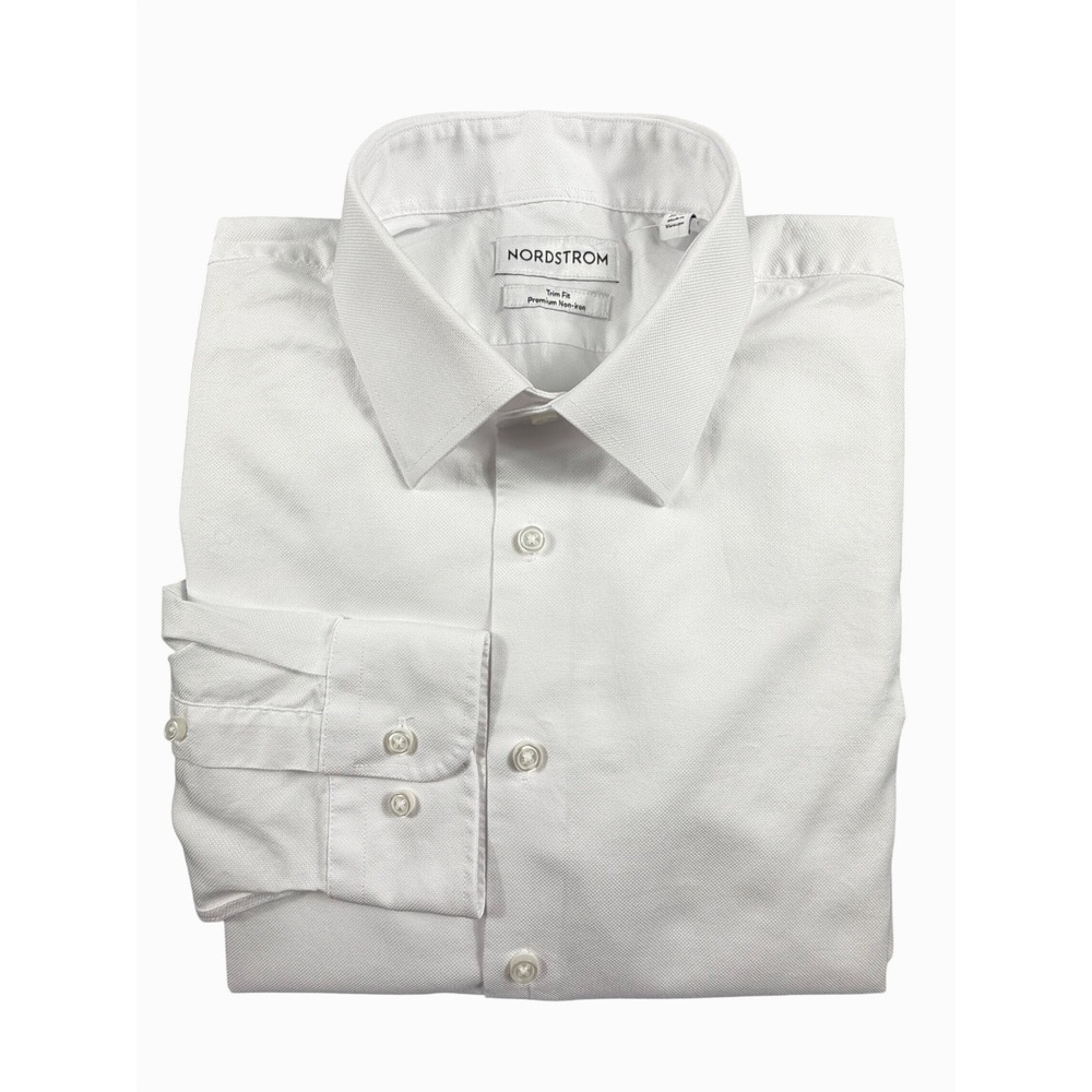 Nordstrom Mens Trim Fit Cotton Dress Shirt White 17.5 36-37 Long Sleeve